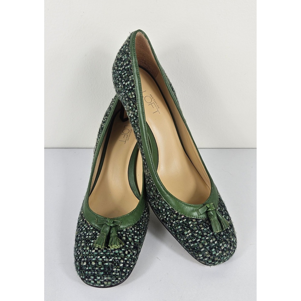 Ann Taylor LOFT Womens 8M Tweed Green Boucle Tassel Pumps Kitten Heel Round Toe